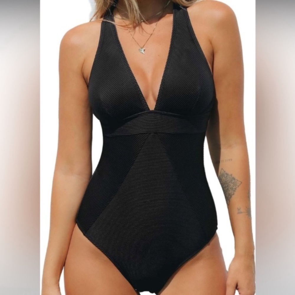 ~One Piece Swimsuit V Neck Bathing Suit Tummy Control Cross Back Ribbed~